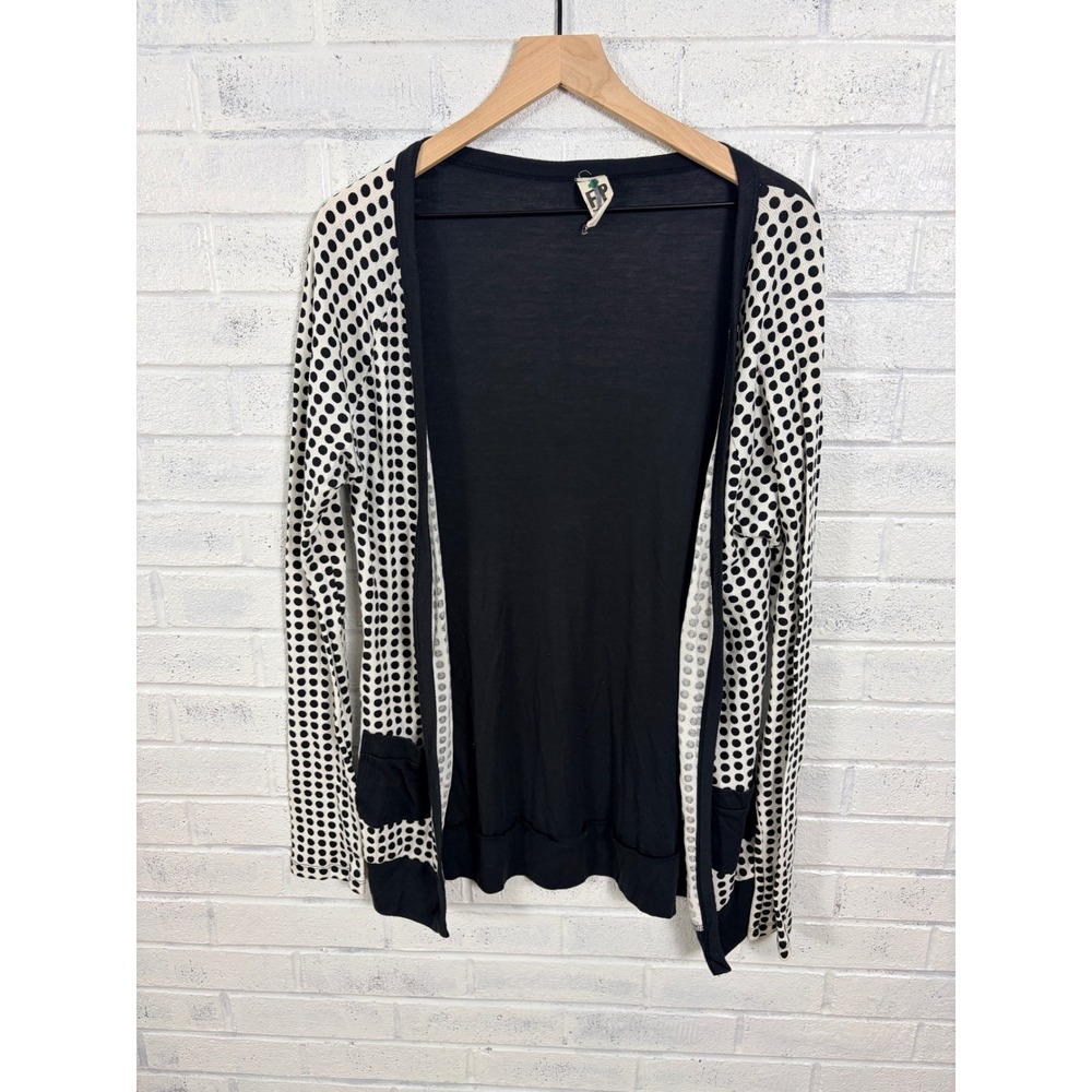 Free People Cardigan Womens M Black White Polka Dot Open Front Pocket Made USA